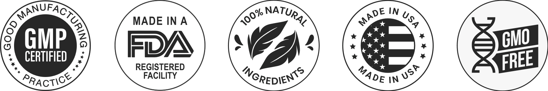 DentiCore certifications — GMP, FDA registered, natural, Made in USA, GMO free