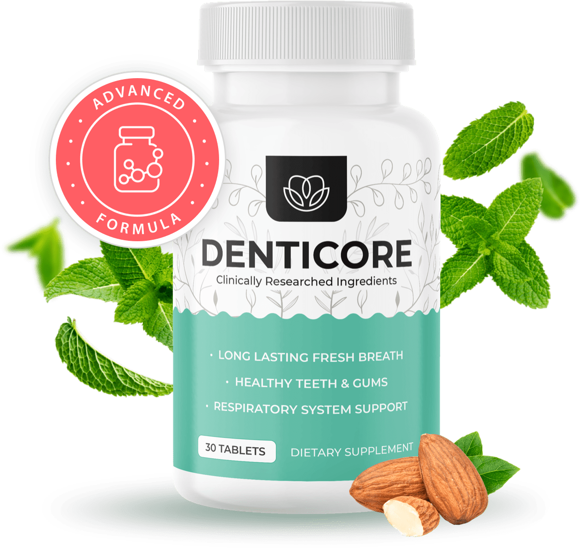 DentiCore advanced formula supplement bottle with mint leaves